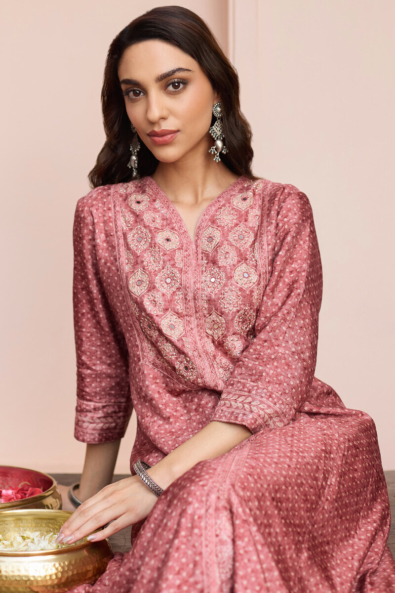 Pink Printed A-Line Dola Silk Kurta