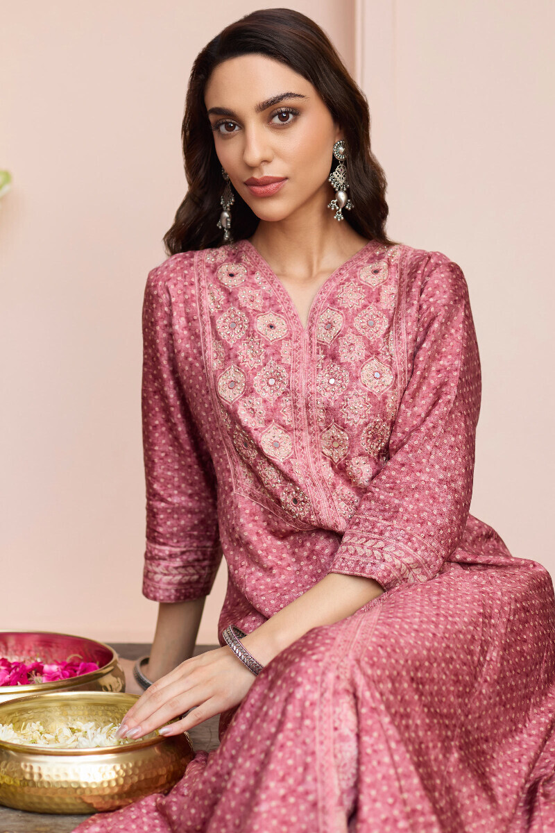 Pink Printed A-Line Dola Silk Kurta