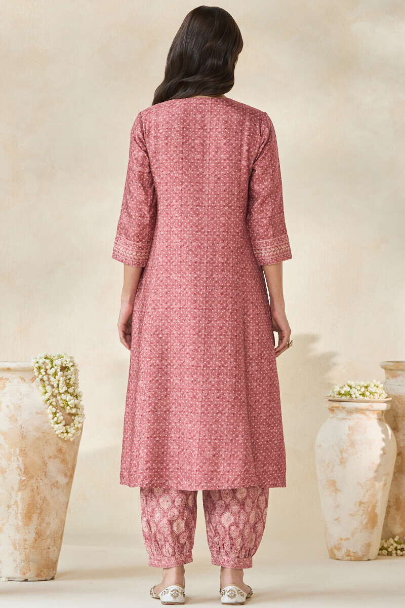 Pink Printed A-Line Dola Silk Kurta