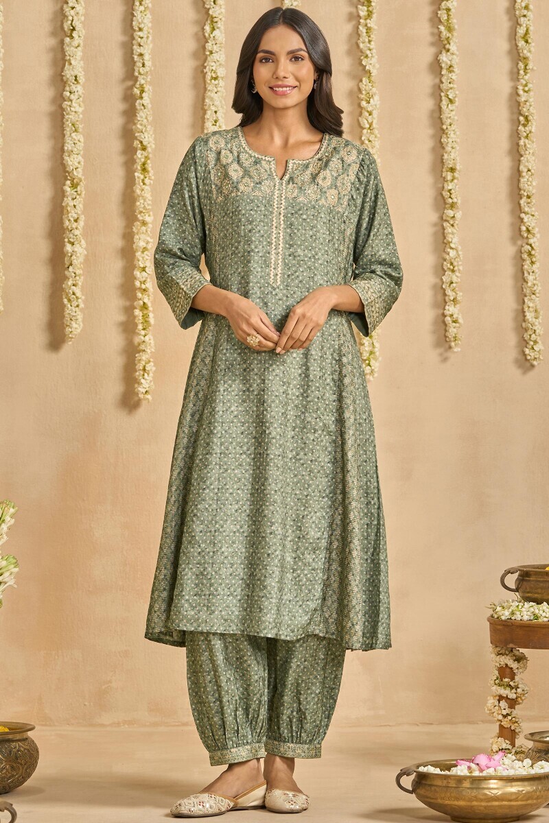 Green Printed A-Line Dola Silk Kurta