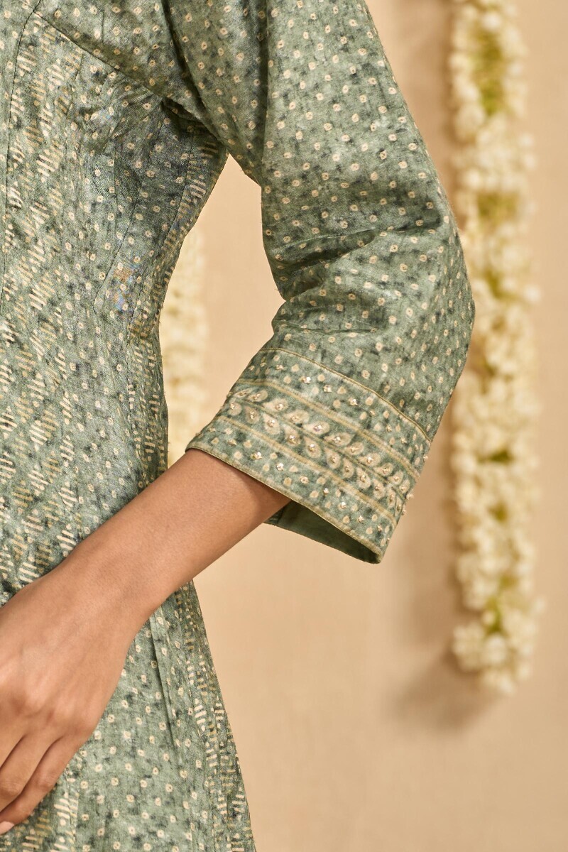 Green Printed A-Line Dola Silk Kurta