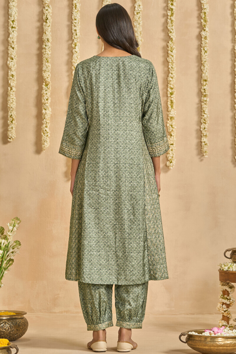 Green Printed A-Line Dola Silk Kurta