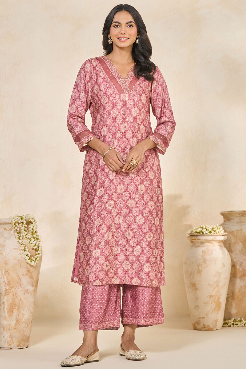 Pink Printed Straight Dola Silk Kurta