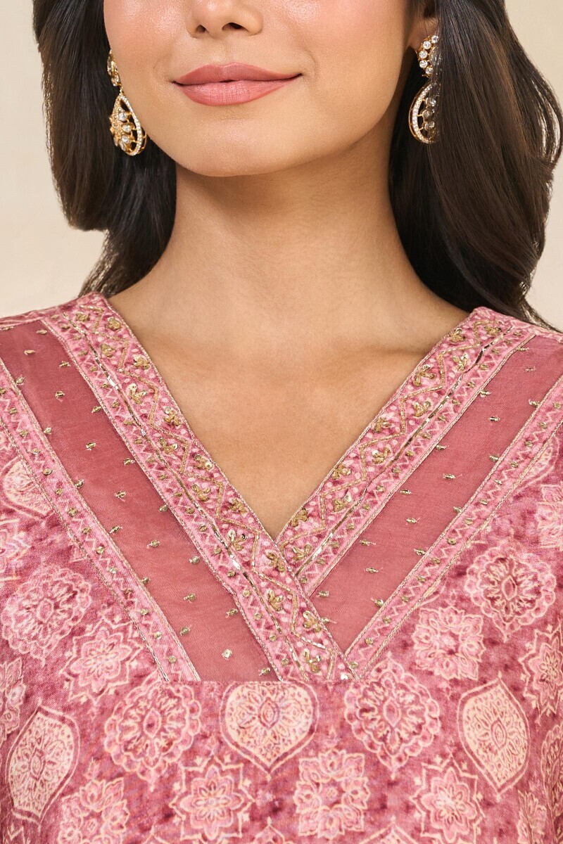 Pink Printed Straight Dola Silk Kurta
