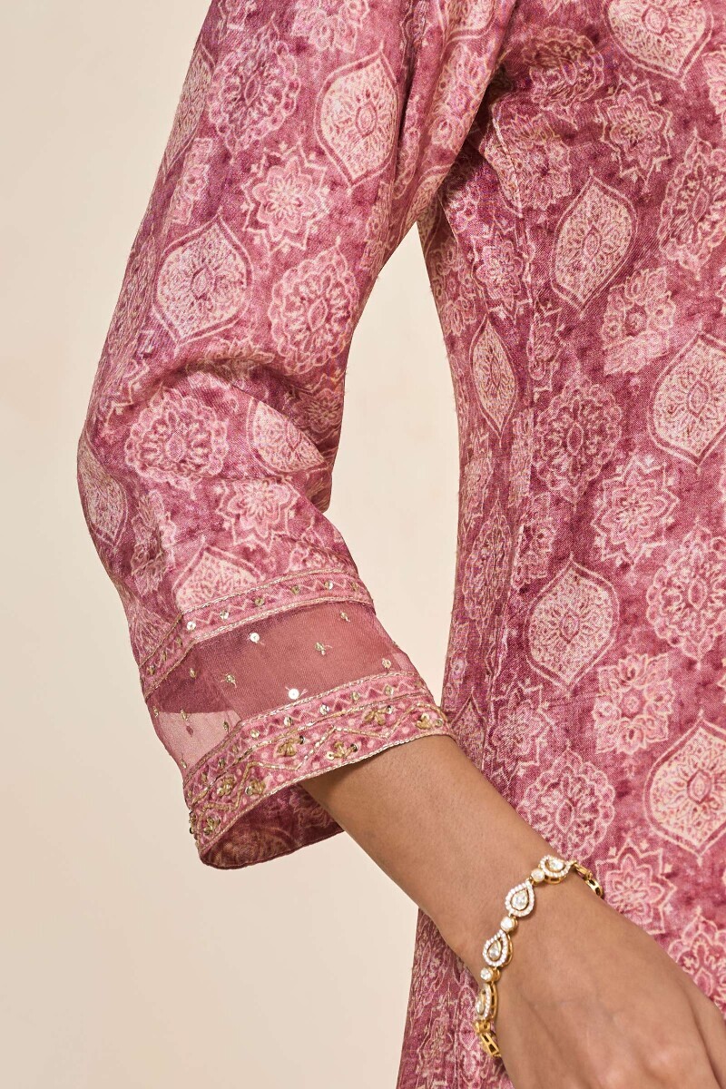 Pink Printed Straight Dola Silk Kurta