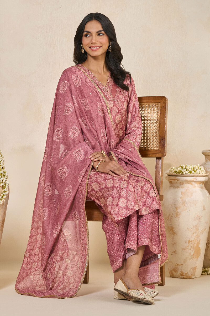 Pink Printed Straight Dola Silk Kurta