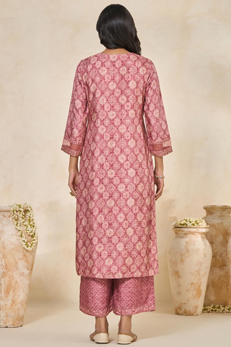 Pink Printed Straight Dola Silk Kurta