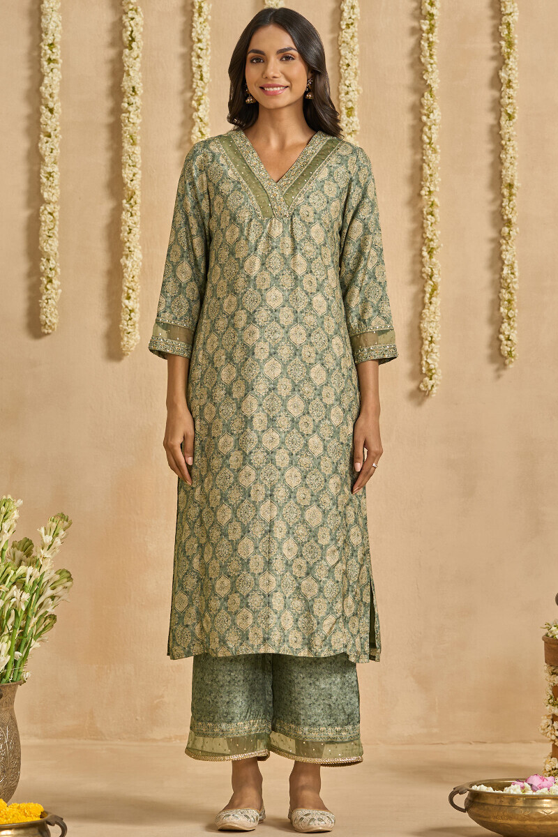 Green Printed Straight Dola Silk Kurta