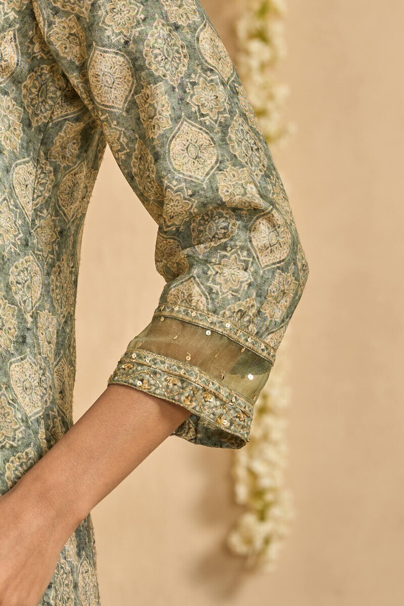 Green Printed Straight Dola Silk Kurta
