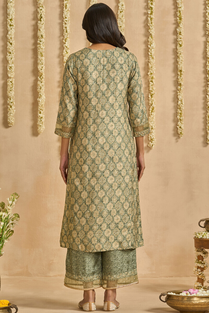 Green Printed Straight Dola Silk Kurta