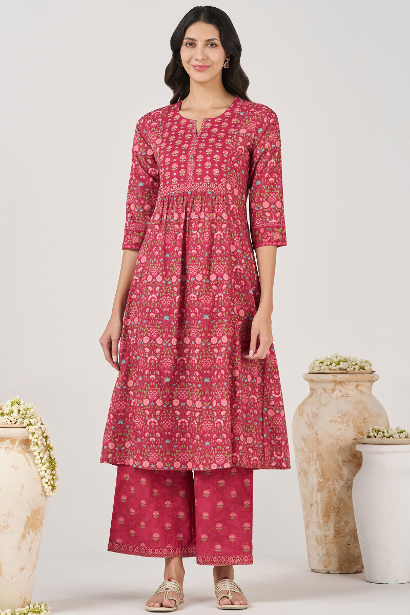 Pink Printed A-Line Cotton Kurta
