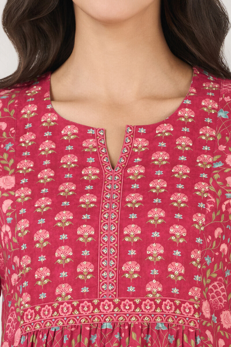 Pink Printed A-Line Cotton Kurta
