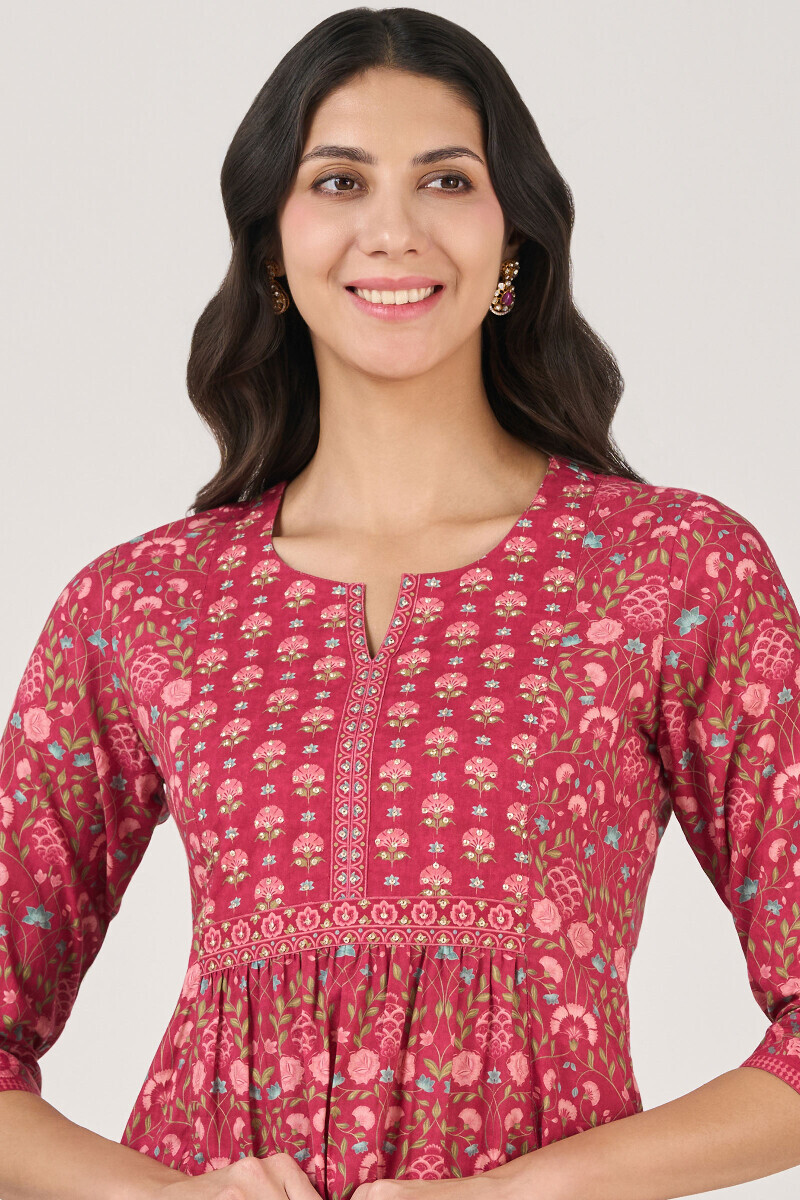 Pink Printed A-Line Cotton Kurta