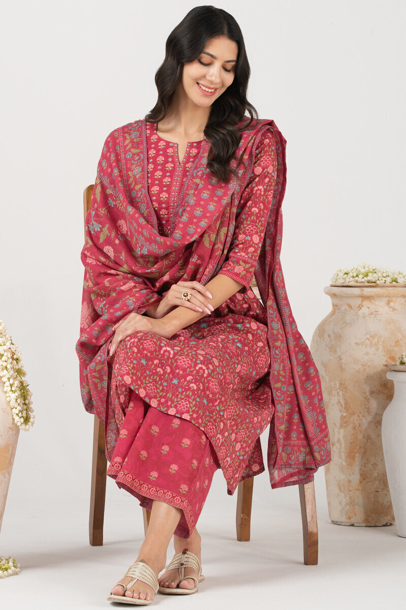 Pink Printed A-Line Cotton Kurta