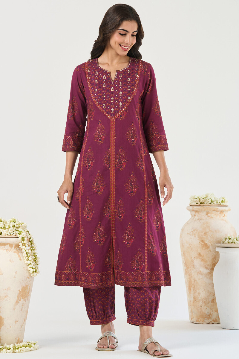 Purple Printed A-Line Cotton Kurta