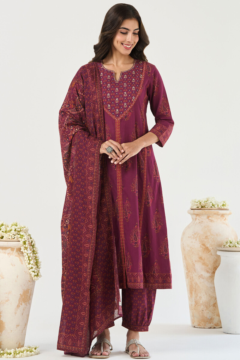 Purple Printed A-Line Cotton Kurta