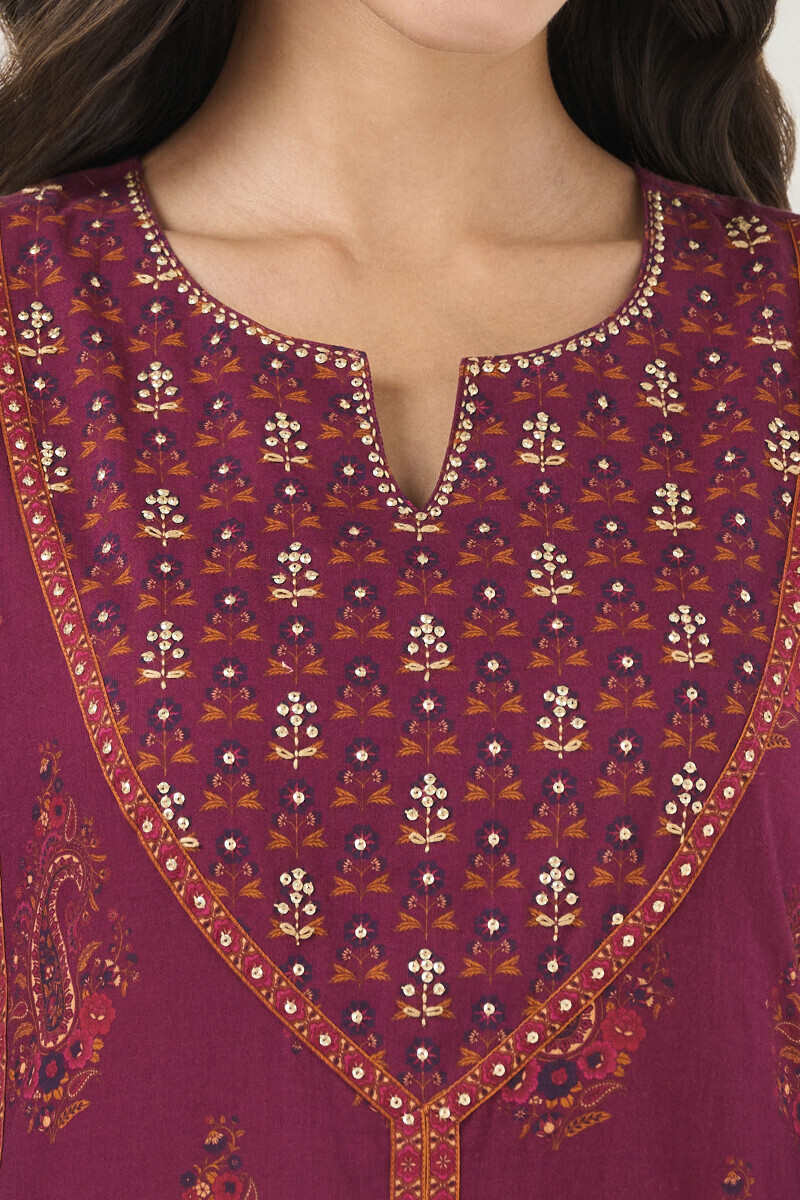 Purple Printed A-Line Cotton Kurta