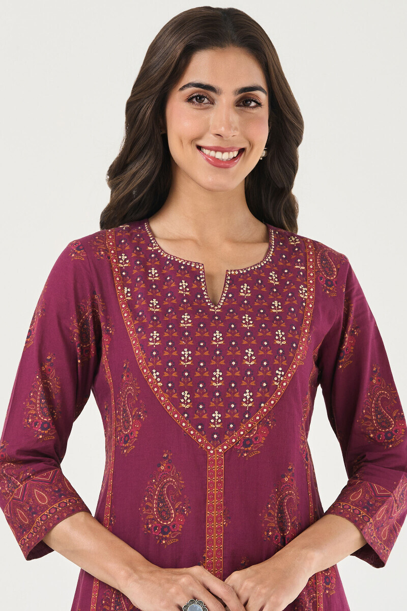 Purple Printed A-Line Cotton Kurta