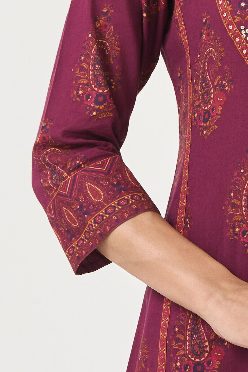 Purple Printed A-Line Cotton Kurta