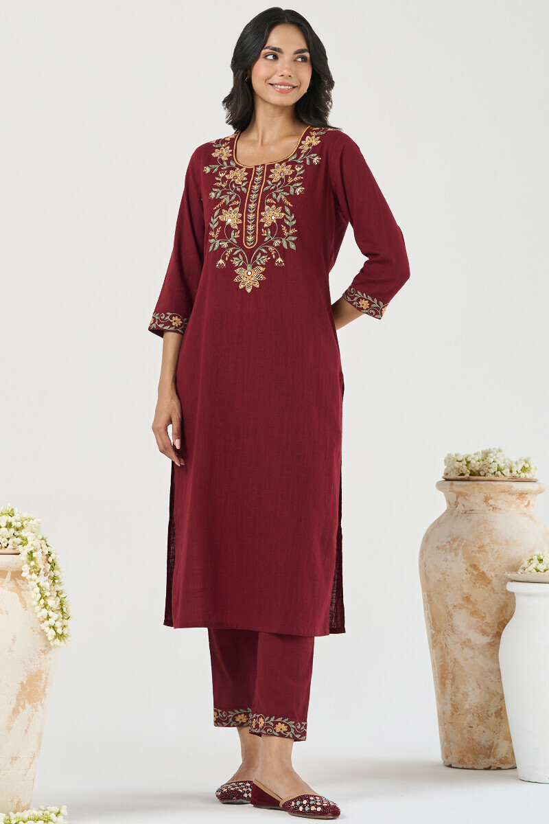 Maroon Handcrafted Straight Guaze Slub Kurta