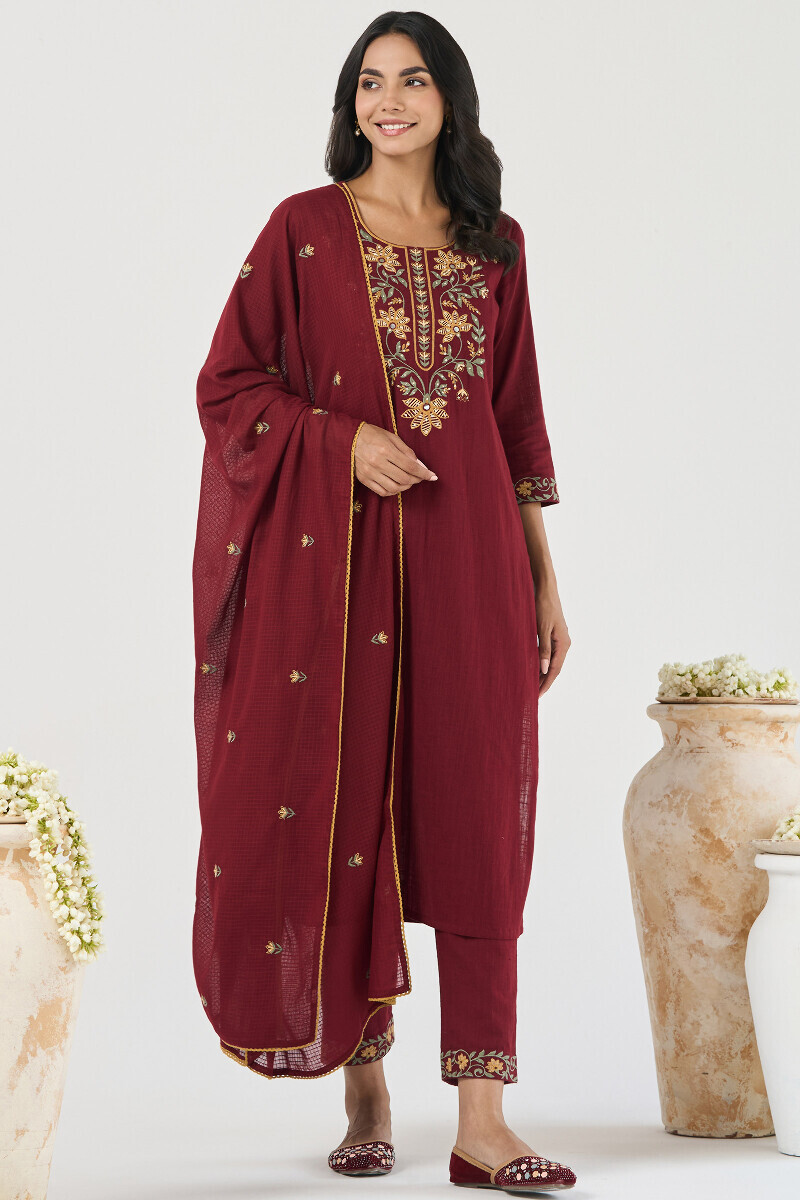 Maroon Handcrafted Straight Guaze Slub Kurta