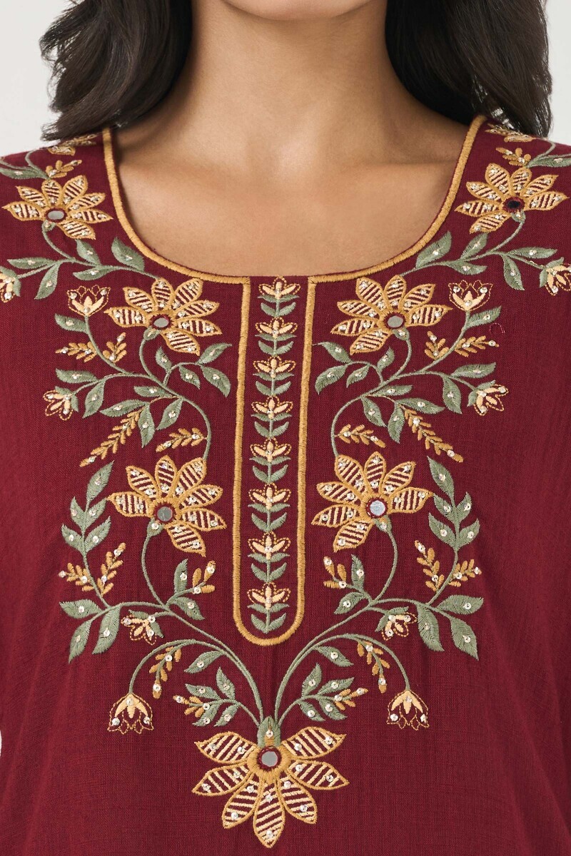 Maroon Handcrafted Straight Guaze Slub Kurta