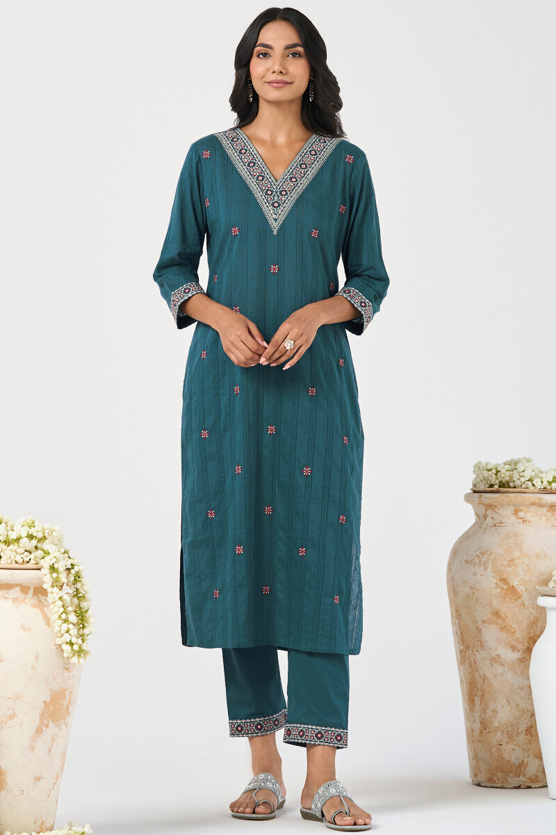 Blue Handcrafted Straight Ram Buta Kurta