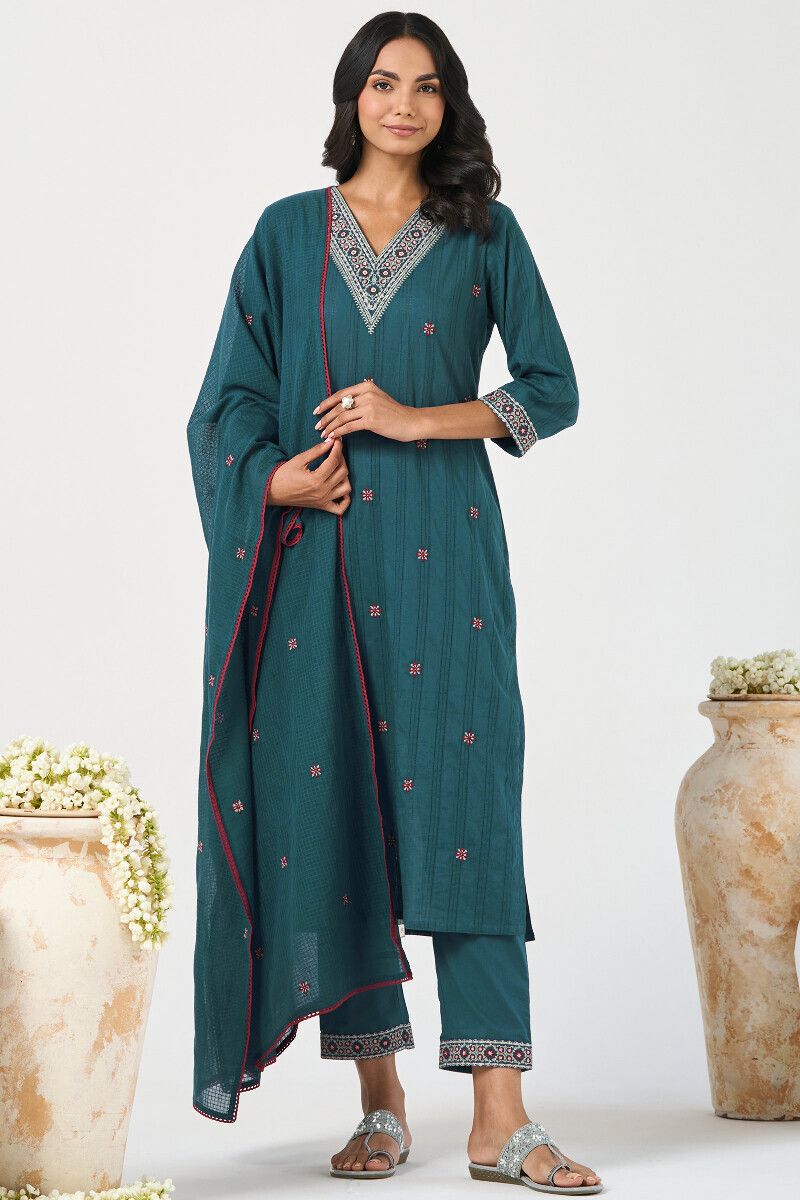 Blue Handcrafted Straight Ram Buta Kurta