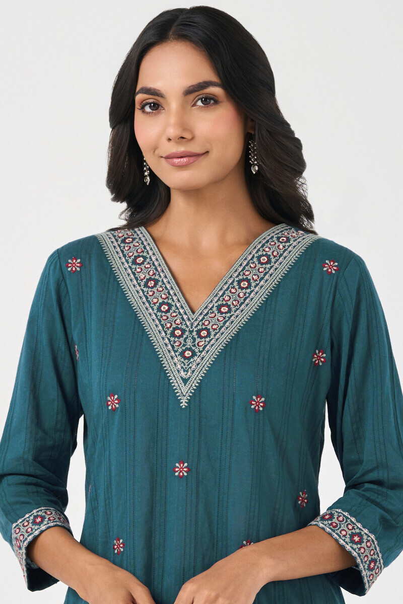Blue Handcrafted Straight Ram Buta Kurta