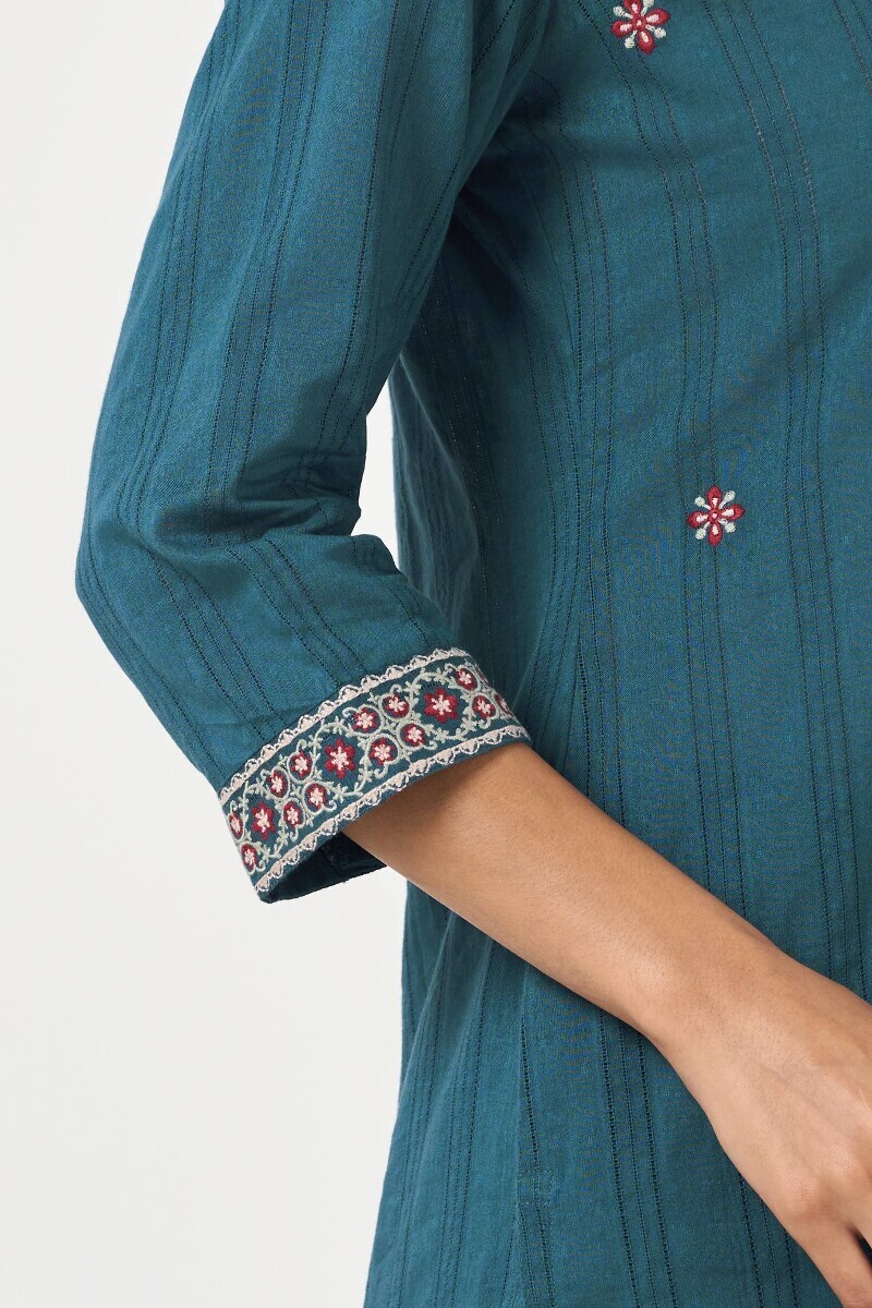Blue Handcrafted Straight Ram Buta Kurta