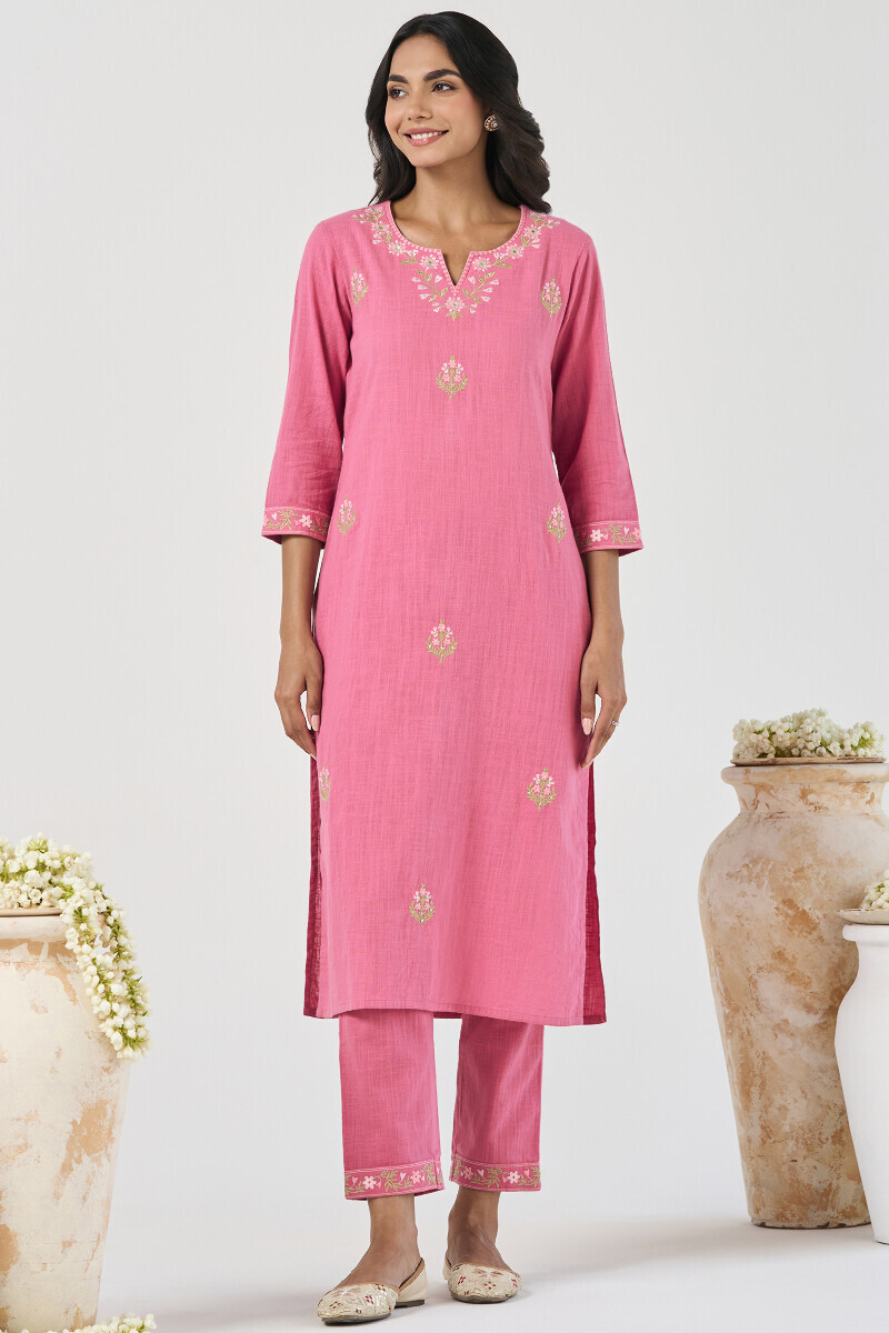 Pink Handcrafted Straight Gauze Slub Kurta