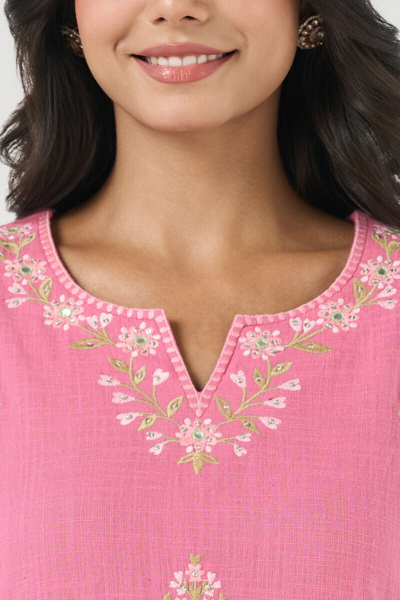 Pink Handcrafted Straight Gauze Slub Kurta