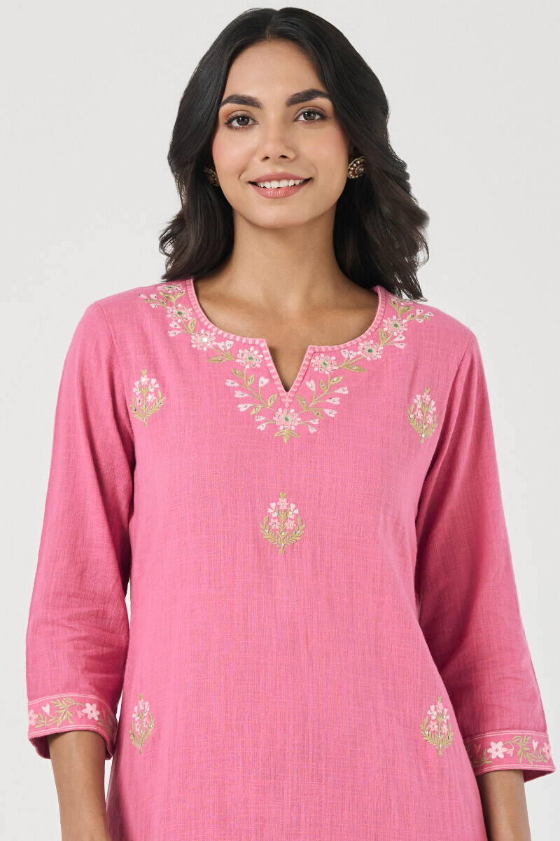 Pink Handcrafted Straight Gauze Slub Kurta