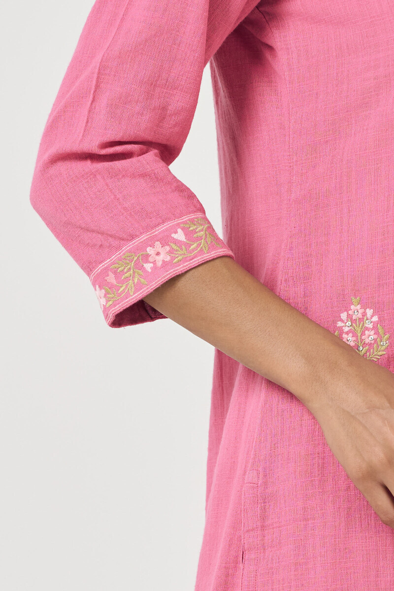 Pink Handcrafted Straight Gauze Slub Kurta