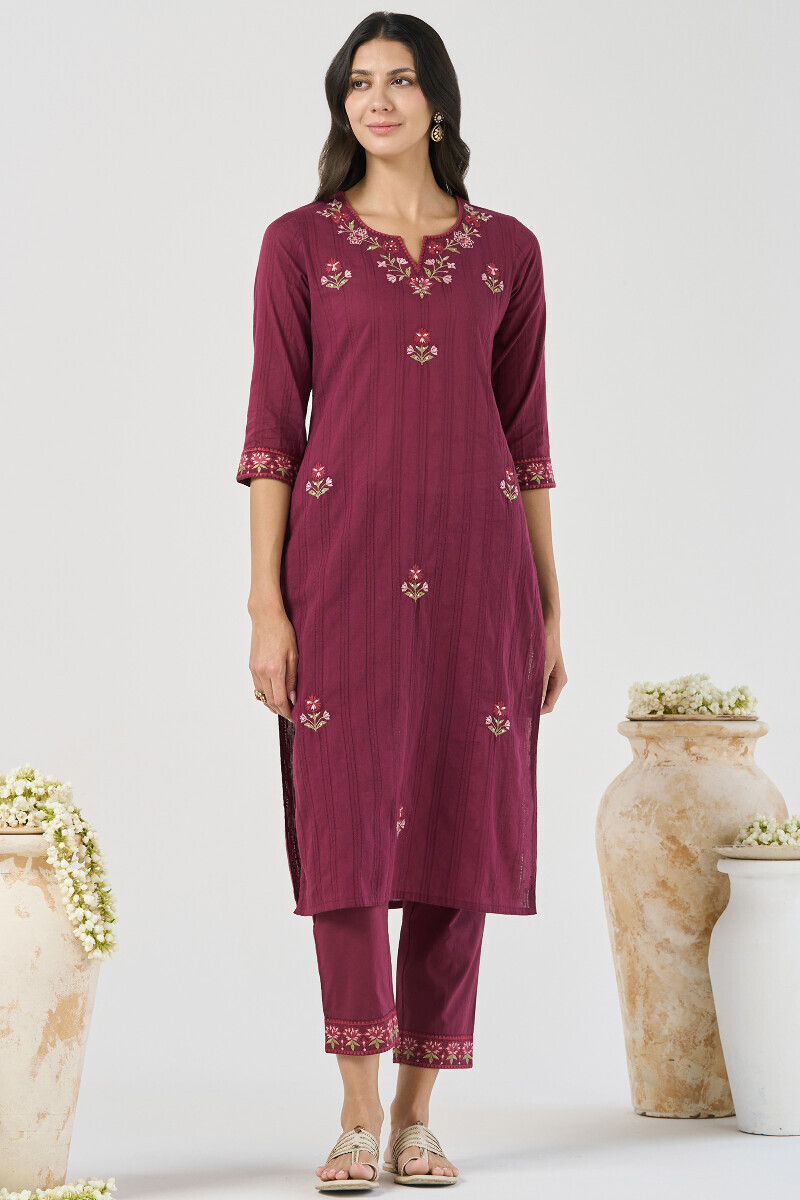 Purple Handcrafted Straight Ram Buta Kurta