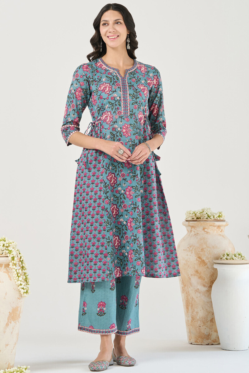 Blue Hand Printed A-Line Cotton Dobby Kurta