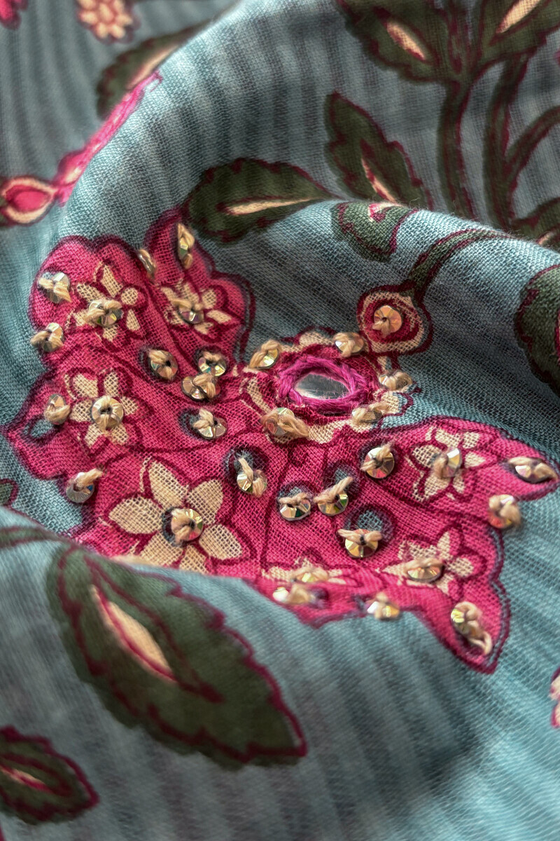 Blue Hand Printed A-Line Cotton Dobby Kurta