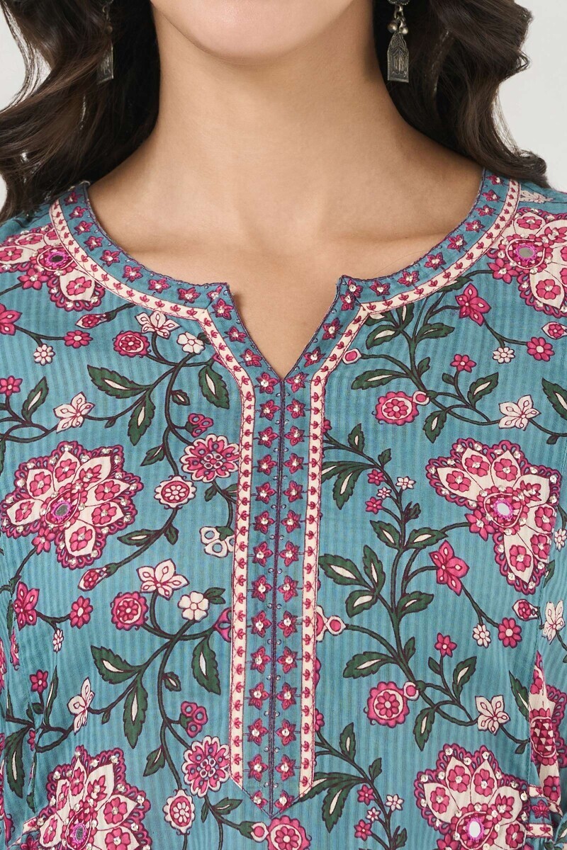 Blue Hand Printed A-Line Cotton Dobby Kurta