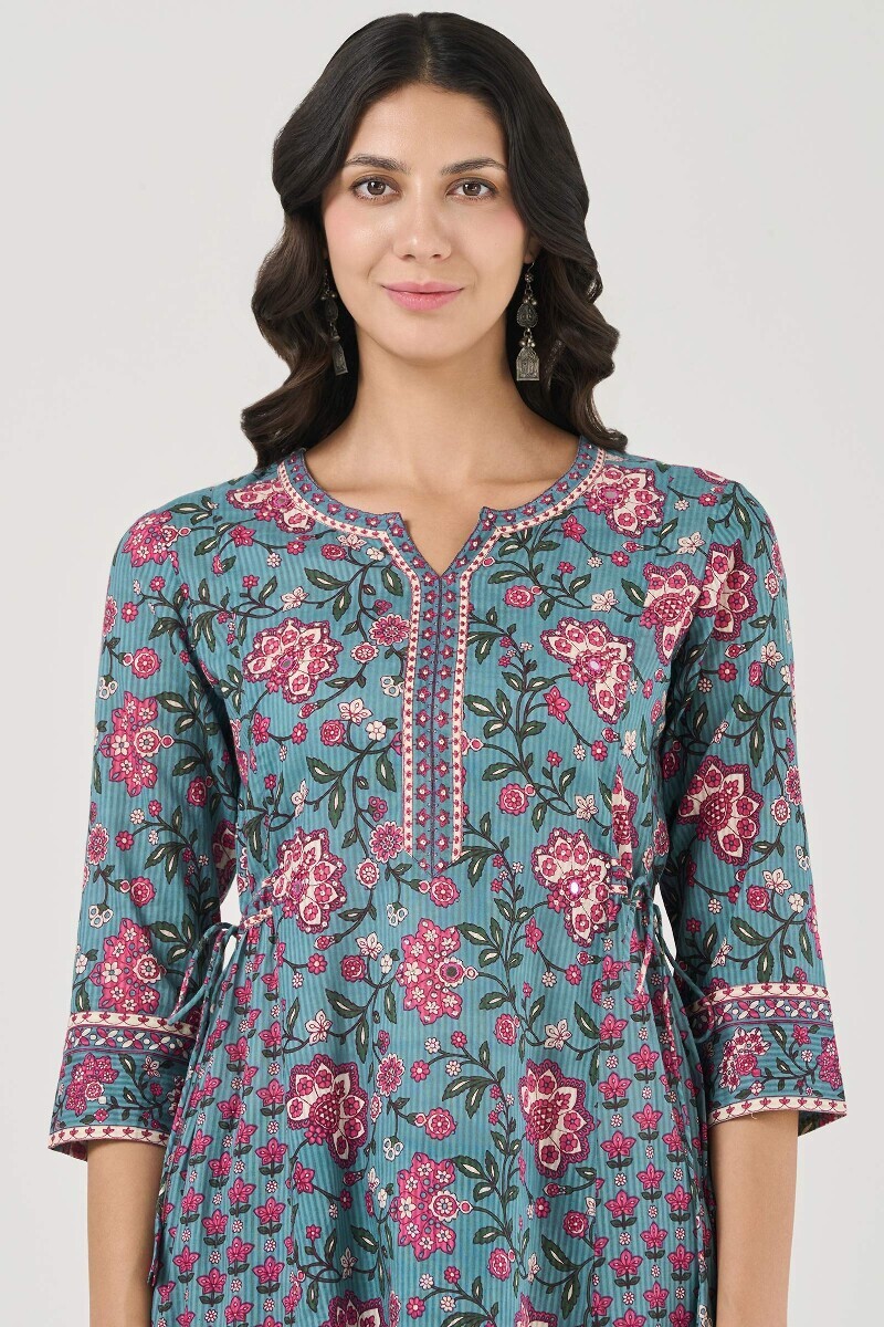 Blue Hand Printed A-Line Cotton Dobby Kurta