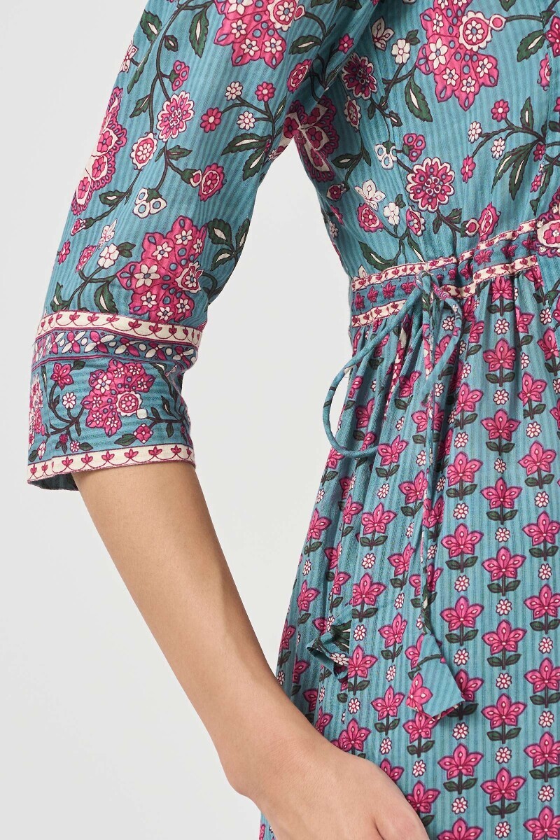 Blue Hand Printed A-Line Cotton Dobby Kurta