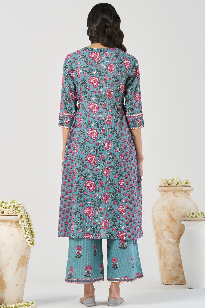 Blue Hand Printed A-Line Cotton Dobby Kurta