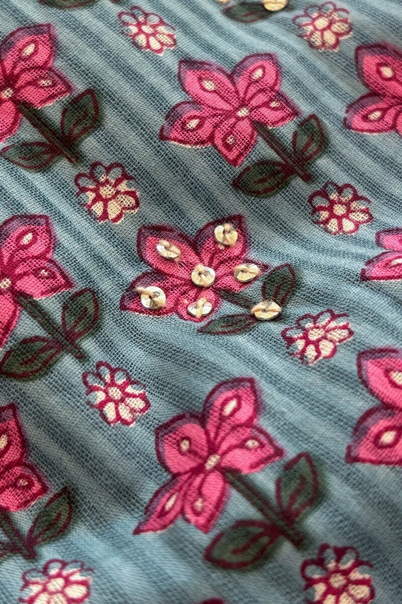 Blue Hand Printed Anarkali Cotton Dobby Kurta