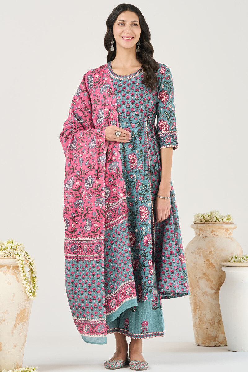 Blue Hand Printed Anarkali Cotton Dobby Kurta