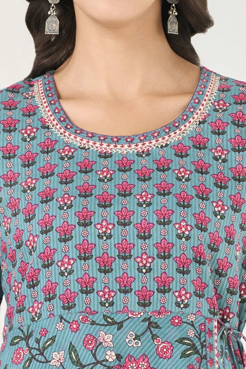 Blue Hand Printed Anarkali Cotton Dobby Kurta