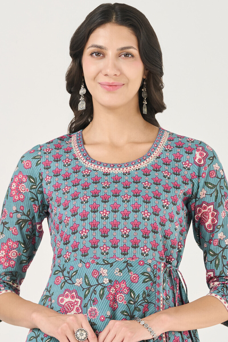 Blue Hand Printed Anarkali Cotton Dobby Kurta