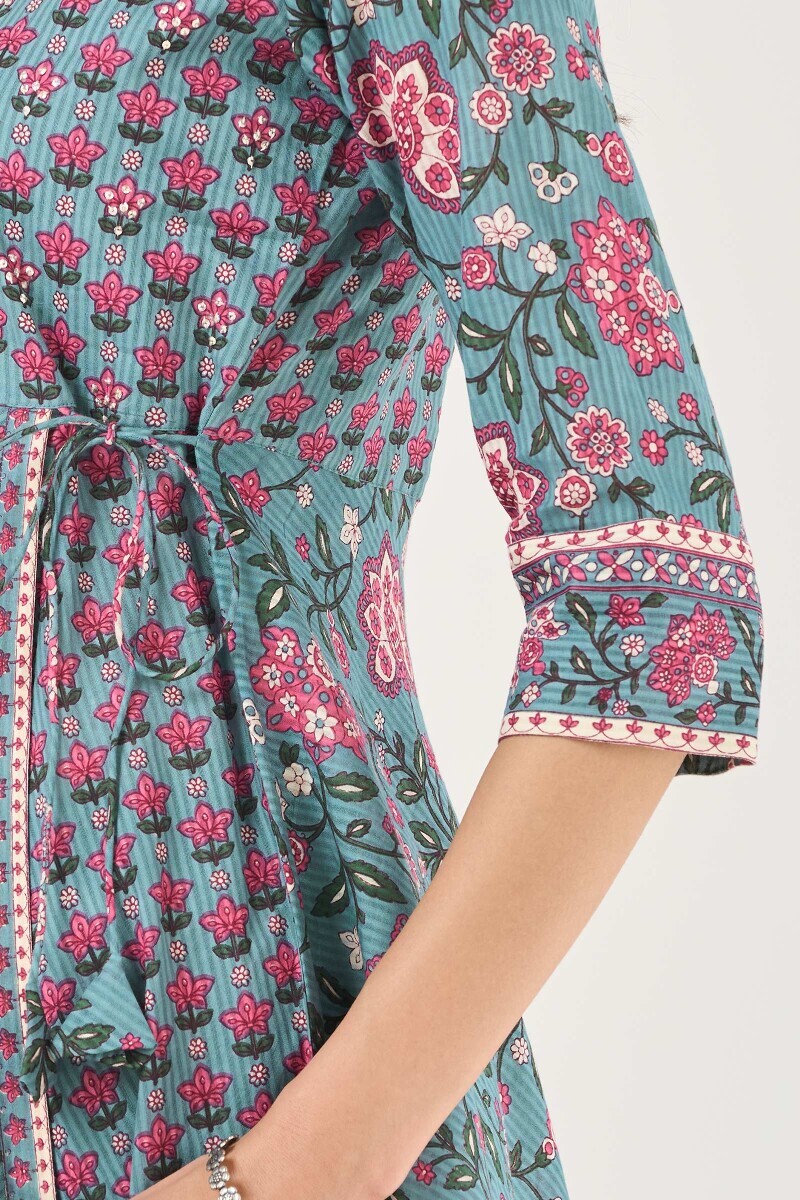 Blue Hand Printed Anarkali Cotton Dobby Kurta