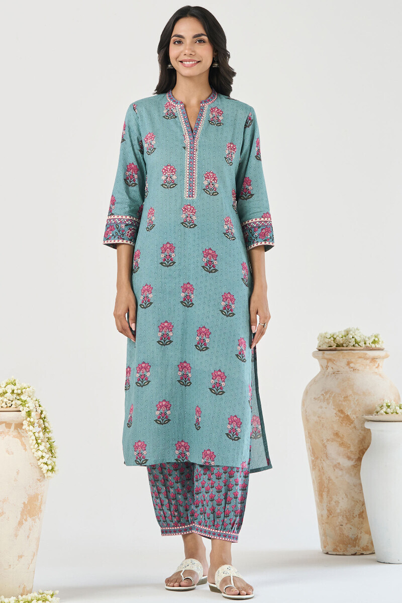 Blue Hand Printed Straight Cotton Dobby Kurta