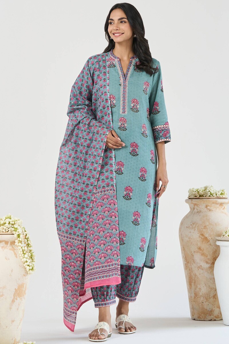 Blue Hand Printed Straight Cotton Dobby Kurta