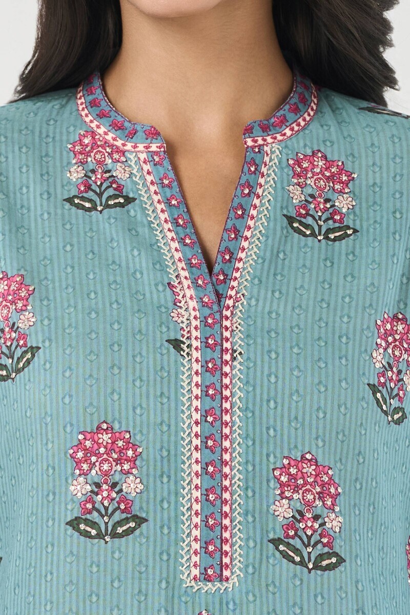Blue Hand Printed Straight Cotton Dobby Kurta