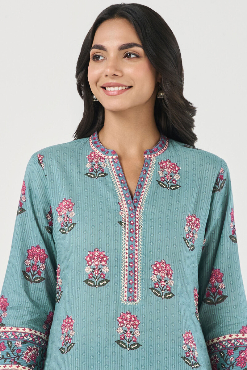 Blue Hand Printed Straight Cotton Dobby Kurta
